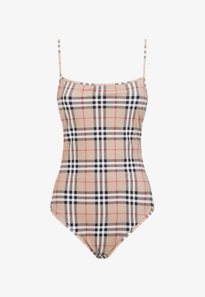 Shop Burberry Checked One-piece Swimsuit In Beige