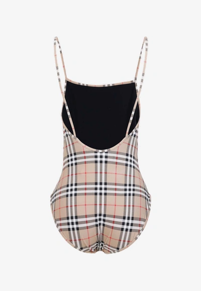 Shop Burberry Checked One-piece Swimsuit In Beige