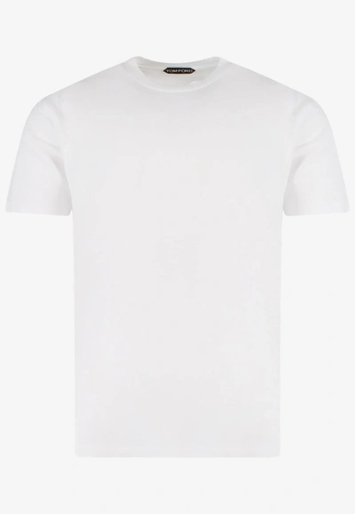 Tom Ford White Crewneck T-shirt With Tf Embroidery In Lyocell And Cotton Blend Man In White