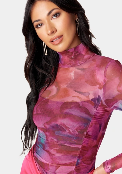 Bebe Printed Ruched Bodysuit In Aquarelle Floral Print