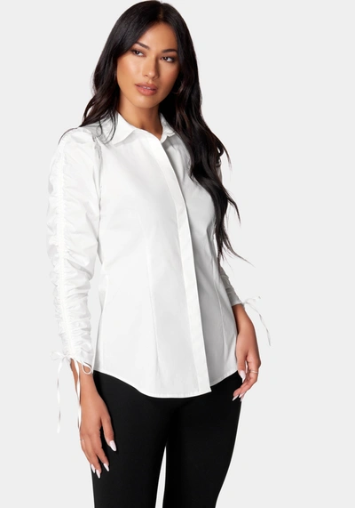 Shop Bebe Ruched Sleeve Poplin Shirt In White Alyssum