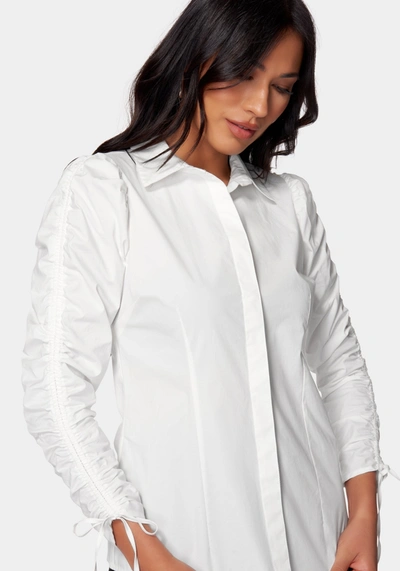 Shop Bebe Ruched Sleeve Poplin Shirt In White Alyssum