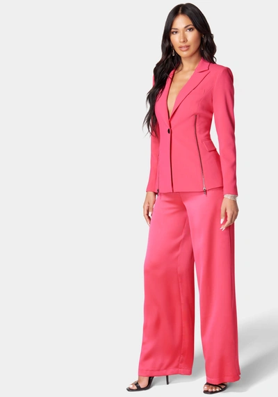 Bebe Satin Zipper Godet Tailored Jacket In Raspberry Sorbet