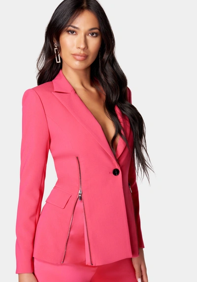 Bebe Satin Zipper Godet Tailored Jacket In Raspberry Sorbet