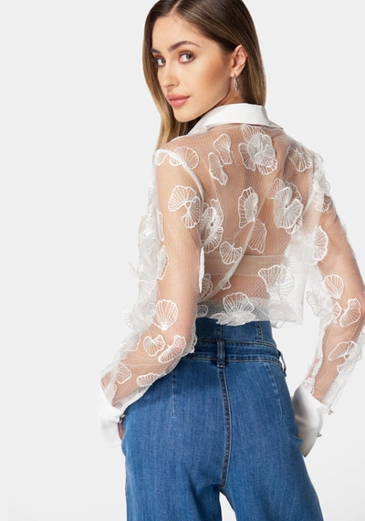 Bebe Applique Detail Button Down Bodysuit In White Alyssum