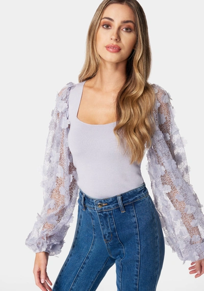 Bebe Embroidered Sleeves Square Neck Sweater In Lavender Fog
