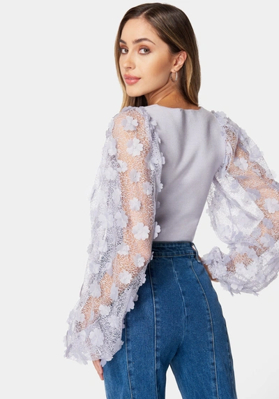 Bebe Embroidered Sleeves Square Neck Sweater In Lavender Fog