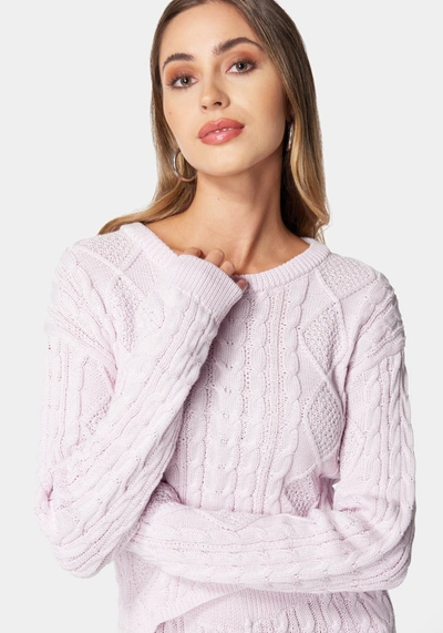 Shop Bebe Asymmetric Cable Knit Sweater In Lavender Fog