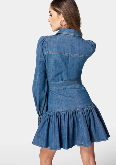 Shop Bebe Balloon Sleeves Fit And Flare Denim Dress In Medium Blue Wash