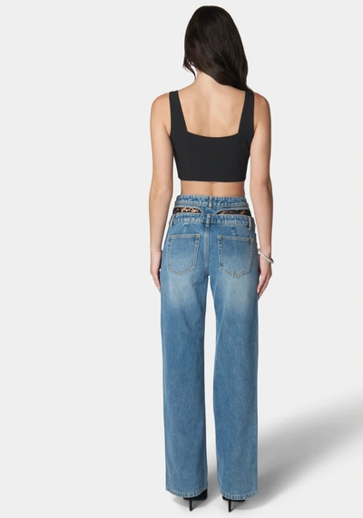 Bebe Double High Waistband Lace Insert Wide Leg Jeans In River Blue Wash