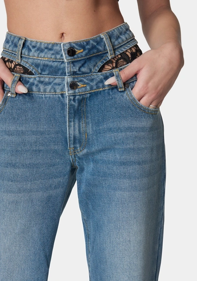 Bebe Double High Waistband Lace Insert Wide Leg Jeans In River Blue Wash