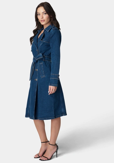 Shop Bebe Double Breasted Denim Trench Coat In True Blue Wash