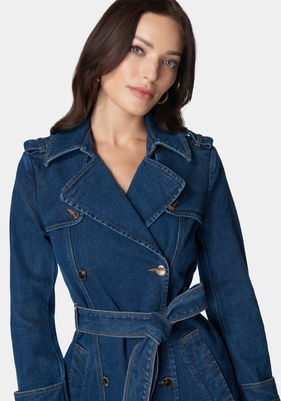 Shop Bebe Double Breasted Denim Trench Coat In True Blue Wash