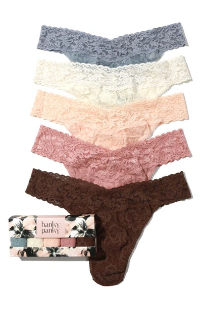 Shop Hanky Panky Assorted 5-pack Lace Original Rise Thongs In Grey/ivory/rose/cappuccino