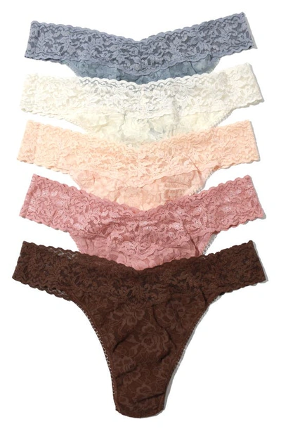 Shop Hanky Panky Assorted 5-pack Lace Original Rise Thongs In Grey/ivory/rose/cappuccino