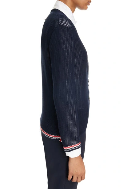 Shop Thom Browne Rwb Stripe Trim Cotton Cardigan In Navy