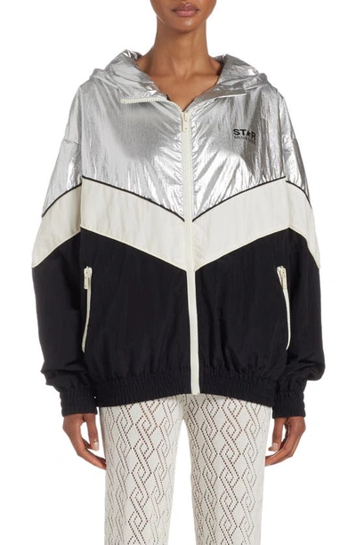 Golden Goose Star Patchwork Windbreaker Nylon Jacket In Silver/ Dark Papyrus/ Black