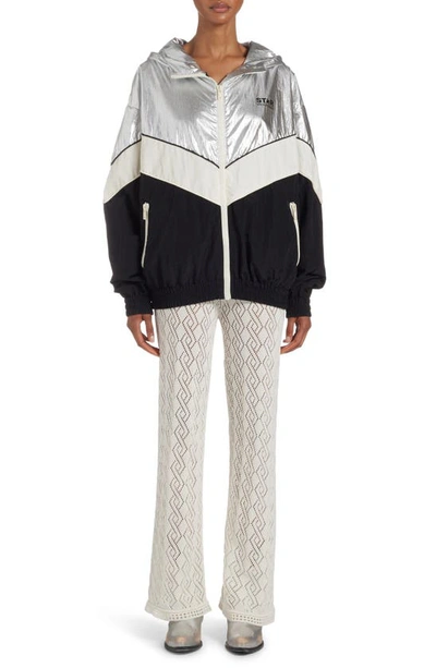 Shop Golden Goose Patchwork Hoodie Windbreaker In Silver/ Dark Papyrus/ Black