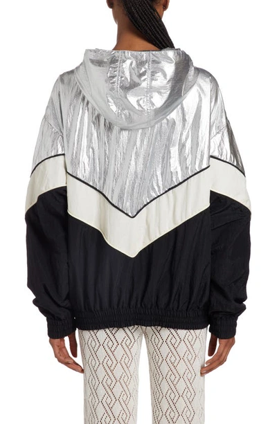 Shop Golden Goose Patchwork Hoodie Windbreaker In Silver/ Dark Papyrus/ Black