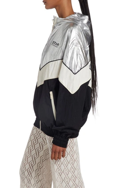 Shop Golden Goose Patchwork Hoodie Windbreaker In Silver/ Dark Papyrus/ Black