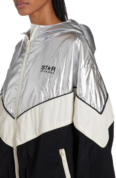 Golden Goose Star Patchwork Windbreaker Nylon Jacket In Silver/ Dark Papyrus/ Black