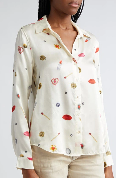 Shop L Agence Tyler Long Sleeve Silk Button-up Shirt In Champagne Multi Heart Jewel