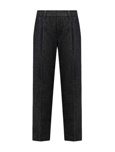 Shop Brunello Cucinelli Baggy Trousers In Dark Polished Denim With Shiny Loop Details In Blue