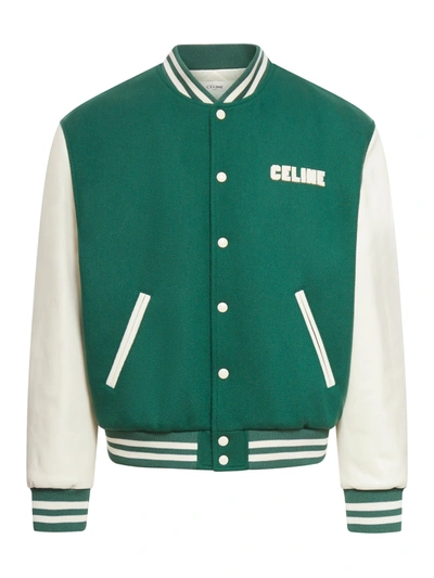 Shop Celine Bomber Jacket With Leather Sleeves In Green