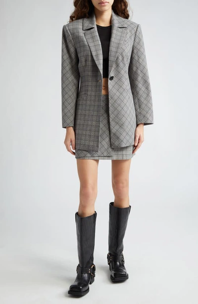 Shop Ganni Check Mix Fitted Blazer In Frost Gray