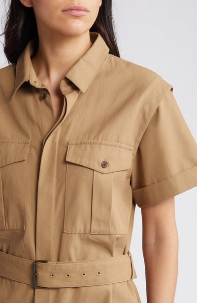 Shop Frame Utility Short Sleeve Romper In Khaki Tan