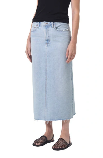 Shop Agolde Della Raw Hem Denim Midi Skirt In Practice