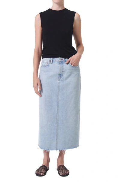 Shop Agolde Della Raw Hem Denim Midi Skirt In Practice