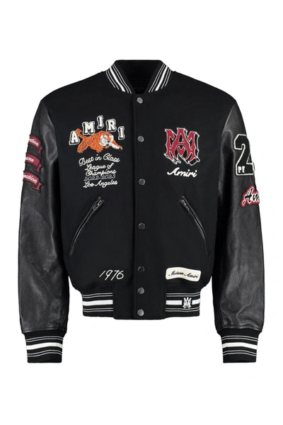 Shop Amiri Wool Bomber Jacket With Patches And Leather Sleeves In Black