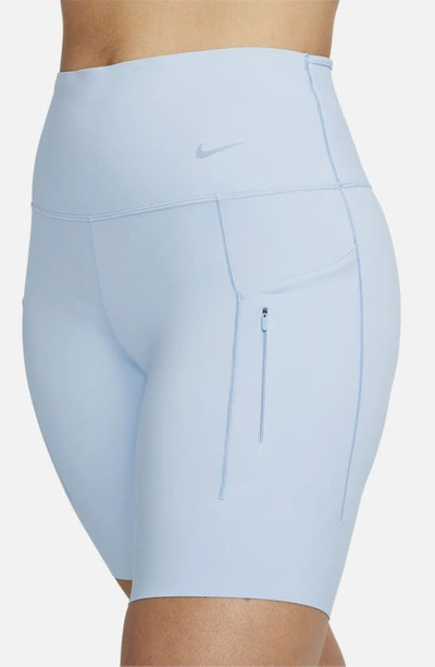Shop Nike Dri-fit Firm Support High Waist Biker Shorts In Light Armory Blue/ Black