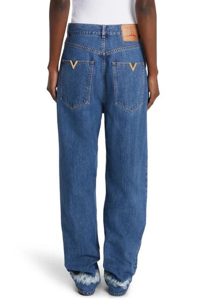 Shop Valentino Bleached Cuff Nonstretch Straight Leg Jeans In Medium Blue Denim