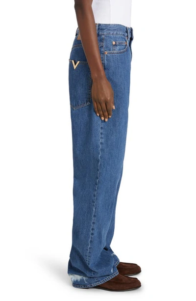 Shop Valentino Bleached Cuff Nonstretch Straight Leg Jeans In Medium Blue Denim