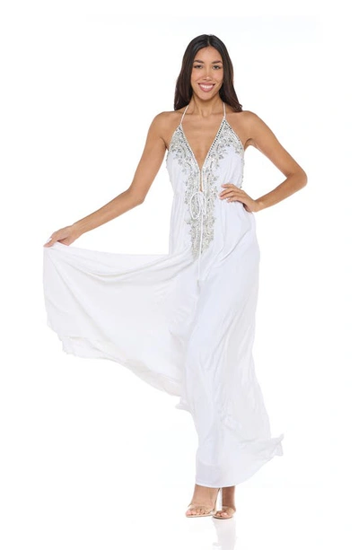 Ranee's Plunge Neck Halter Maxi Dress In White