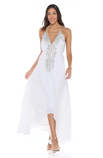 Ranee's Plunge Neck Halter Maxi Dress In White