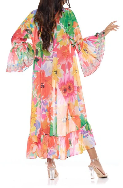 Ranee's Floral Print Ruffle Sleeve Duster In Orange