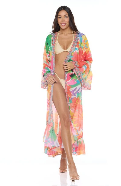 Ranee's Floral Print Ruffle Sleeve Duster In Orange
