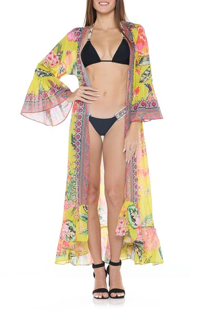 Shop Ranee's Floral Print Ruffle Cover-up Duster In Yellow
