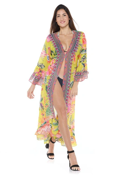 Shop Ranee's Floral Print Ruffle Cover-up Duster In Yellow