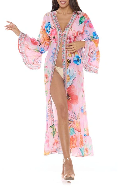 Shop Ranee's Floral Bell Sleeve Chiffon Duster In Pink