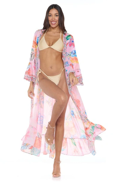 Shop Ranee's Floral Bell Sleeve Chiffon Duster In Pink