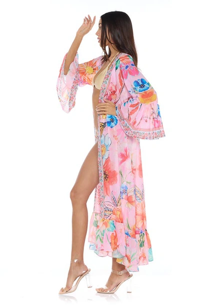 Shop Ranee's Floral Bell Sleeve Chiffon Duster In Pink