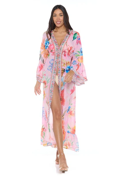 Shop Ranee's Floral Bell Sleeve Chiffon Duster In Pink