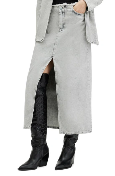 Shop Allsaints Honor Denim Maxi Skirt In Snow Grey