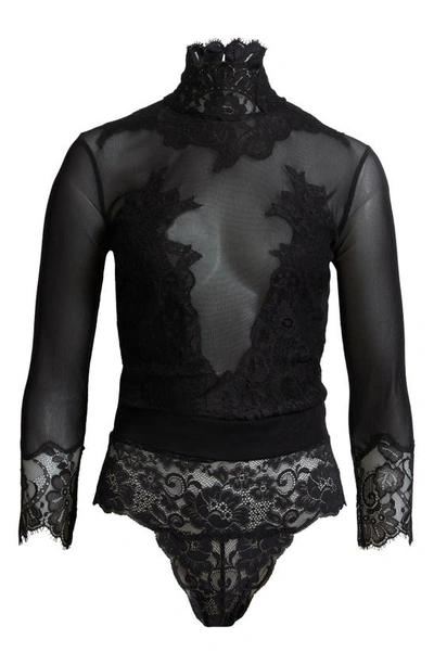 Shop Hah Take  Bow Lace Turtleneck Bodysuit In Noir