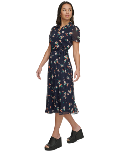 Shop Dkny Women's Floral Chiffon Polo-collar Midi Dress In Navy Multi
