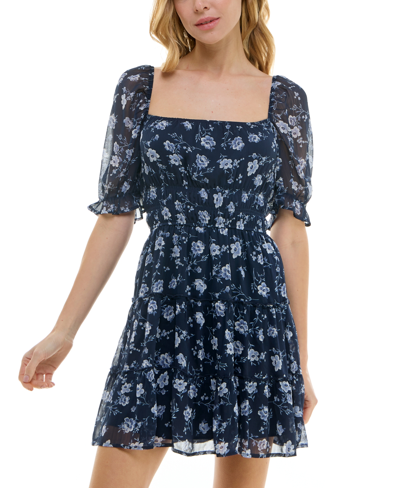 Shop Trixxi Juniors' Emma Floral-print Tiered Fit & Flare Dress In Blue Floral